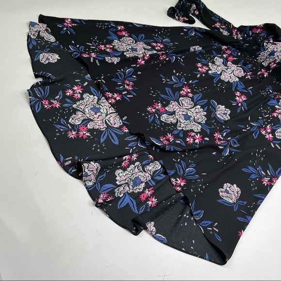 NANETTE LEPORE Black Mystic Blue Floral Smocked Mock Neck Chiffon High-Low Dress - Picture 12 of 16